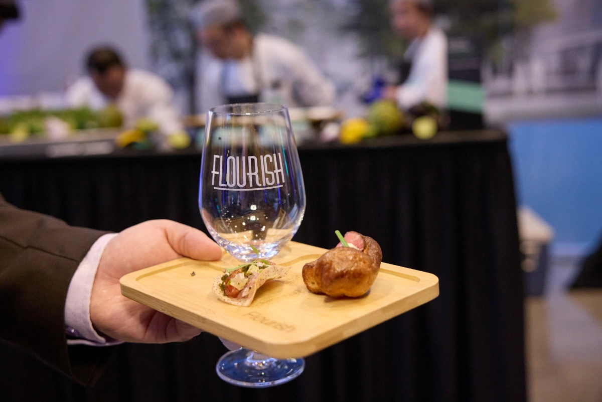professional event photograph of food and branded glass taken in Vancouver